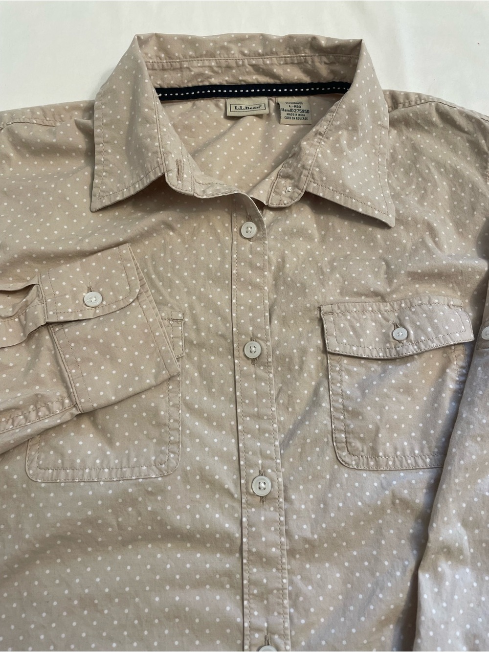 L.L. Bean Polka Dot Long Sleeve Button Down Shirt Khaki Tan Size Large Regular